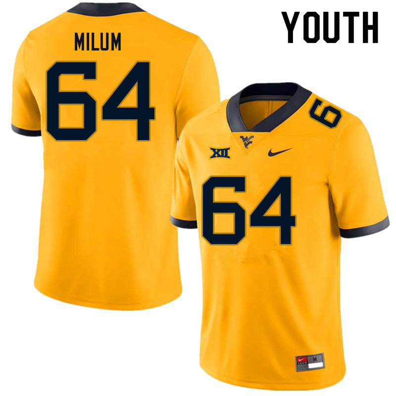 Youth #64 Wyatt Milum West Virginia Mountaineers College Football Jerseys Sale-Gold - Click Image to Close